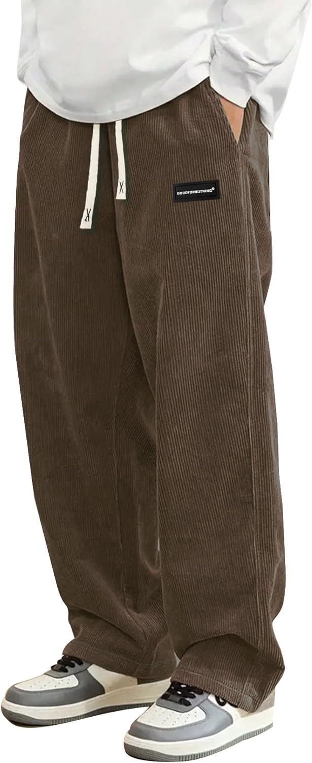 Mens Corduroy Casual Pants Fashion Loose Fit Wide Leg Pants Straight Sweatpants Elastic Waist Drawstring