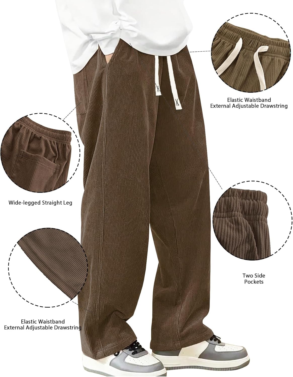 Mens Corduroy Casual Pants Fashion Loose Fit Wide Leg Pants Straight Sweatpants Elastic Waist Drawstring