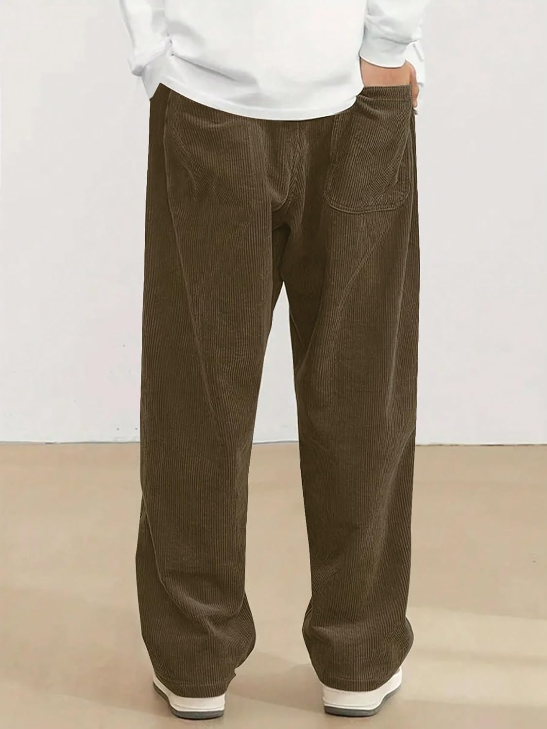 Mens Corduroy Casual Pants Fashion Loose Fit Wide Leg Pants Straight Sweatpants Elastic Waist Drawstring