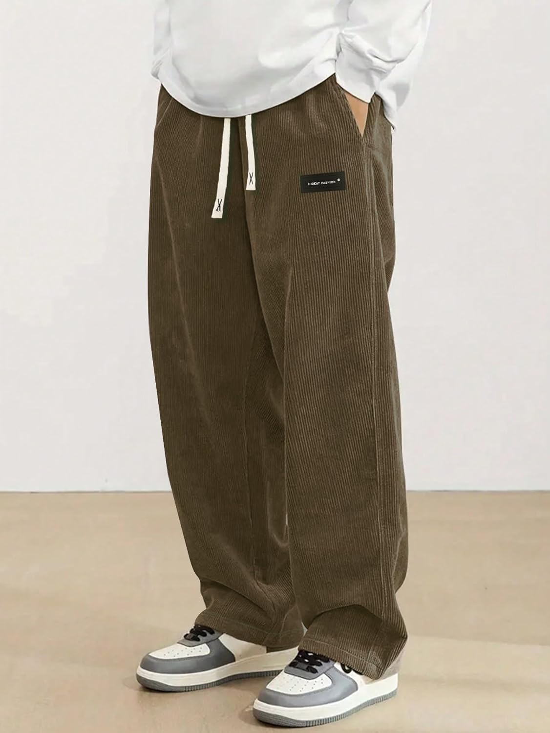 Mens Corduroy Casual Pants Fashion Loose Fit Wide Leg Pants Straight Sweatpants Elastic Waist Drawstring